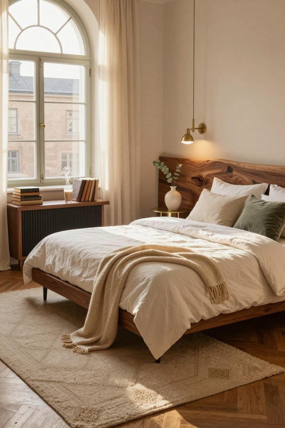 College dorm ideas with Scandinavian live edge wood headboard
