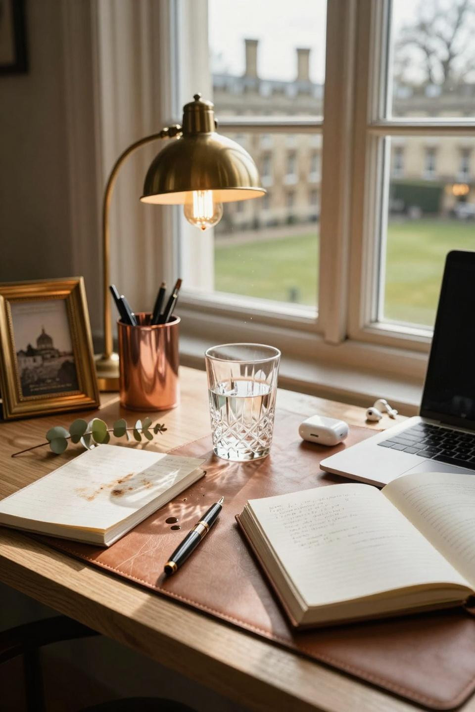 College dorm ideas featuring rose gold accents and desk styling details
