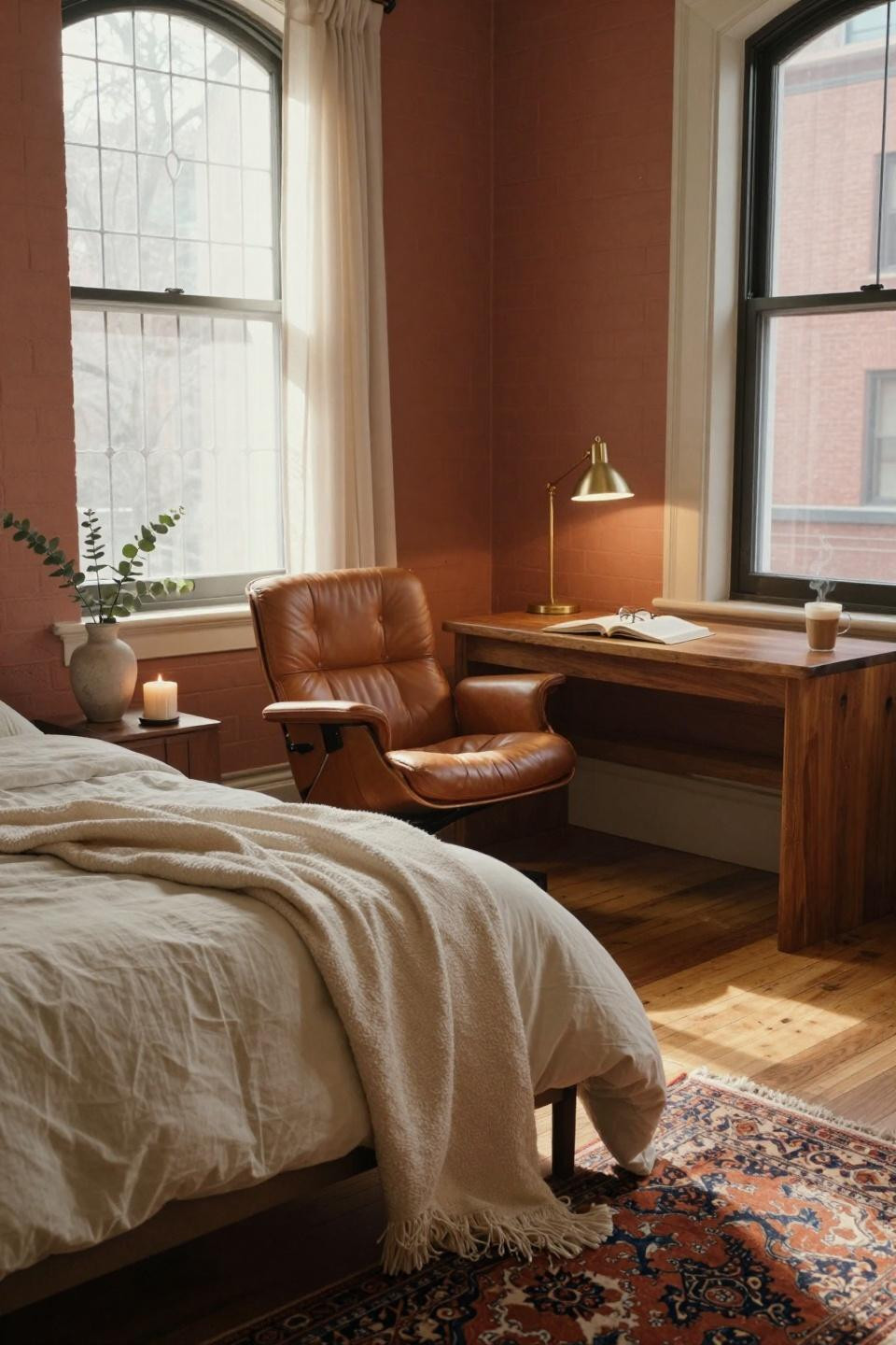 College dorm ideas with cognac leather chair and cozy reading nook