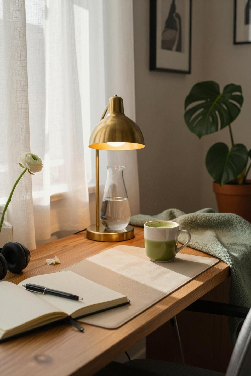 College dorm ideas with minimalist desk styling and brass lighting