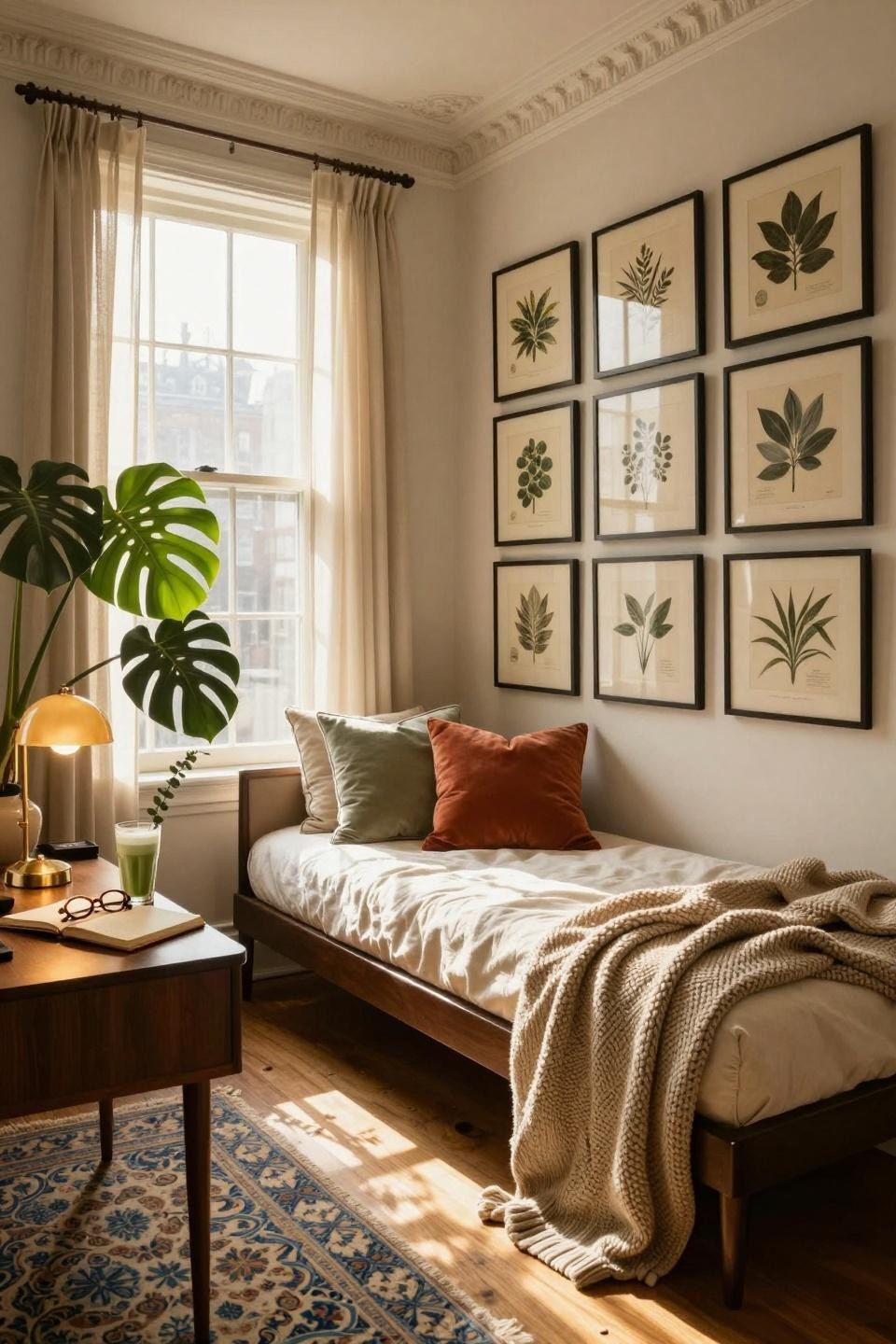 College dorm ideas featuring daybed with floor to ceiling gallery wall