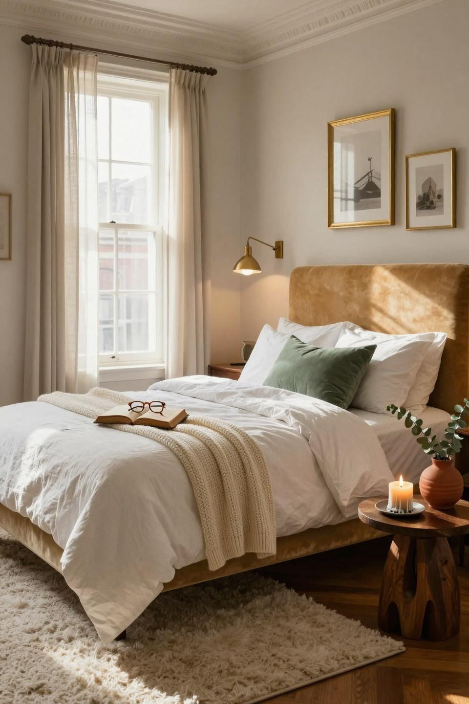 College dorm ideas with upholstered velvet headboard and layered bedding