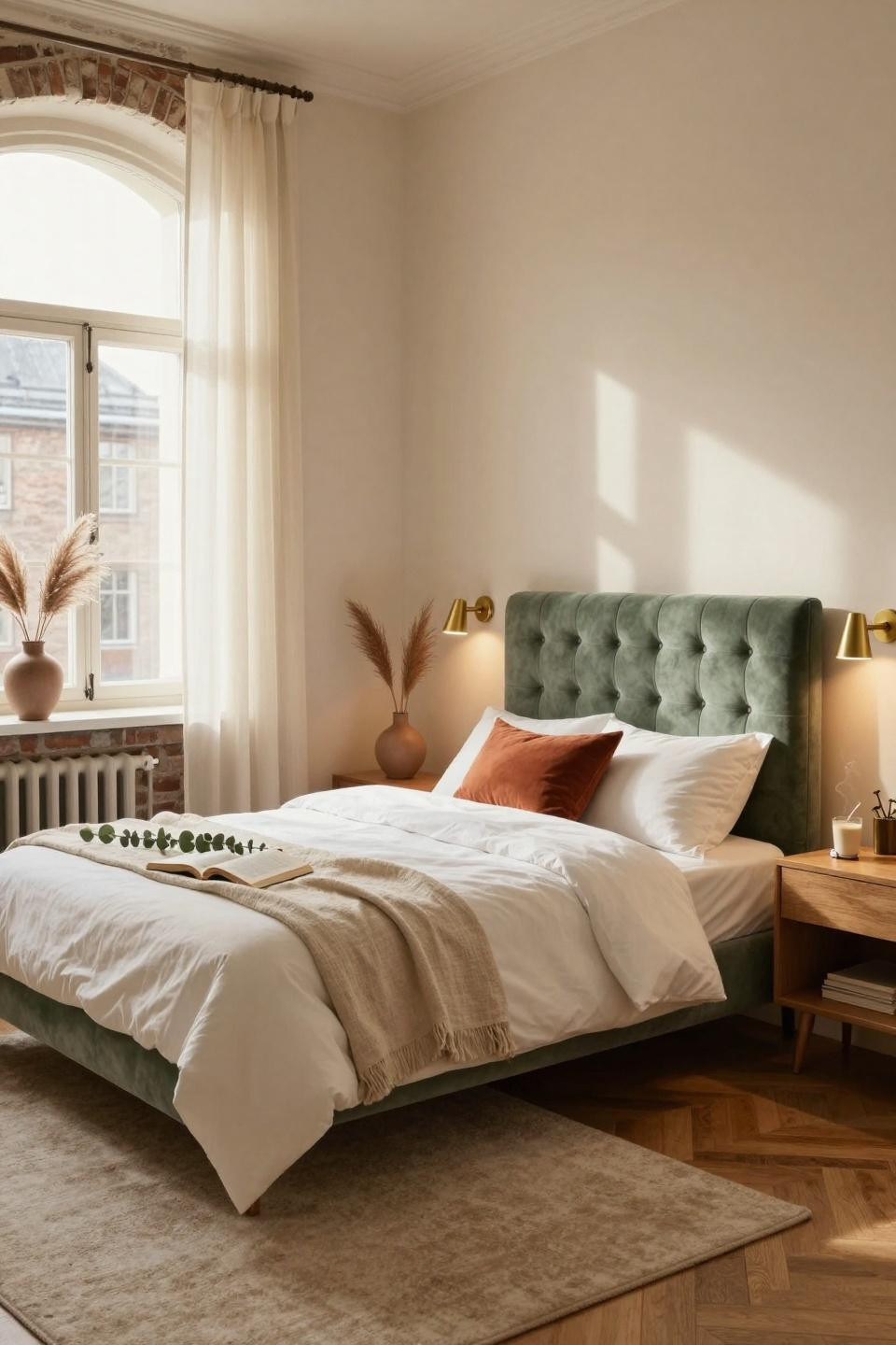 College dorm ideas with sage velvet tufted headboard and exposed brick