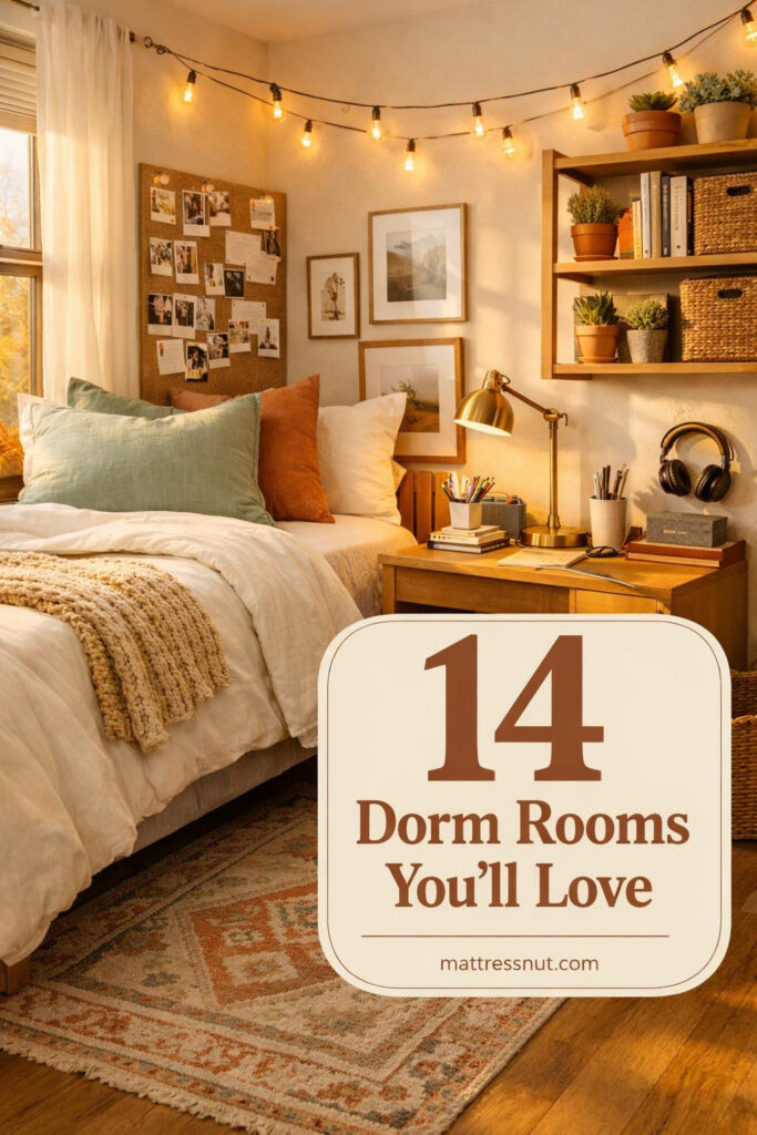 Bright college dorm room featuring string lights, colorful bedding, desk organizers, wall tapestry, and personal photos creating warm atmosphere