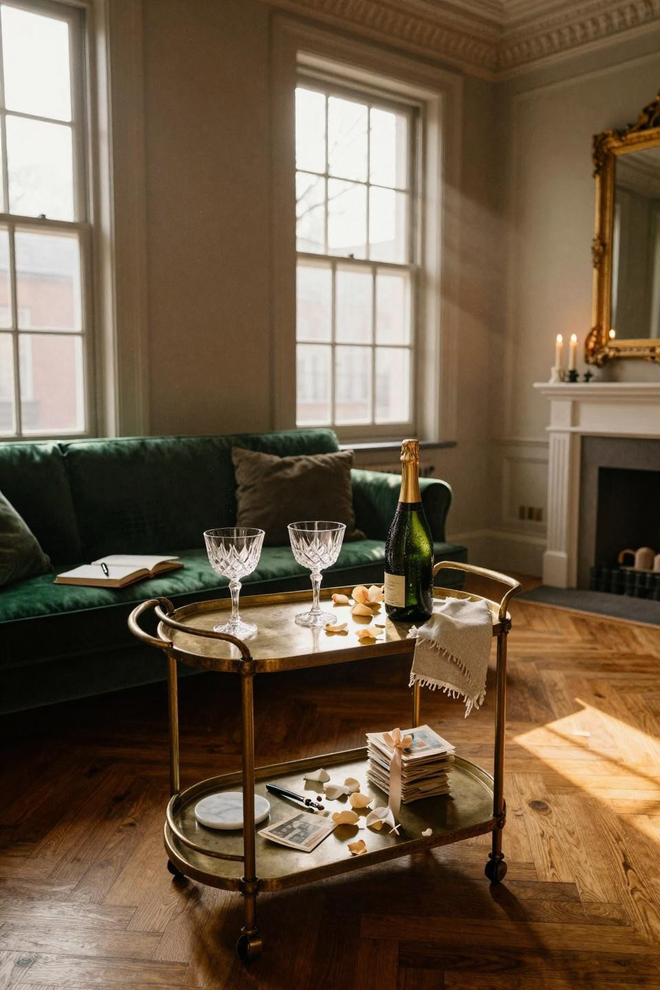 couples shower ideas - at home engagement party bar cart styling