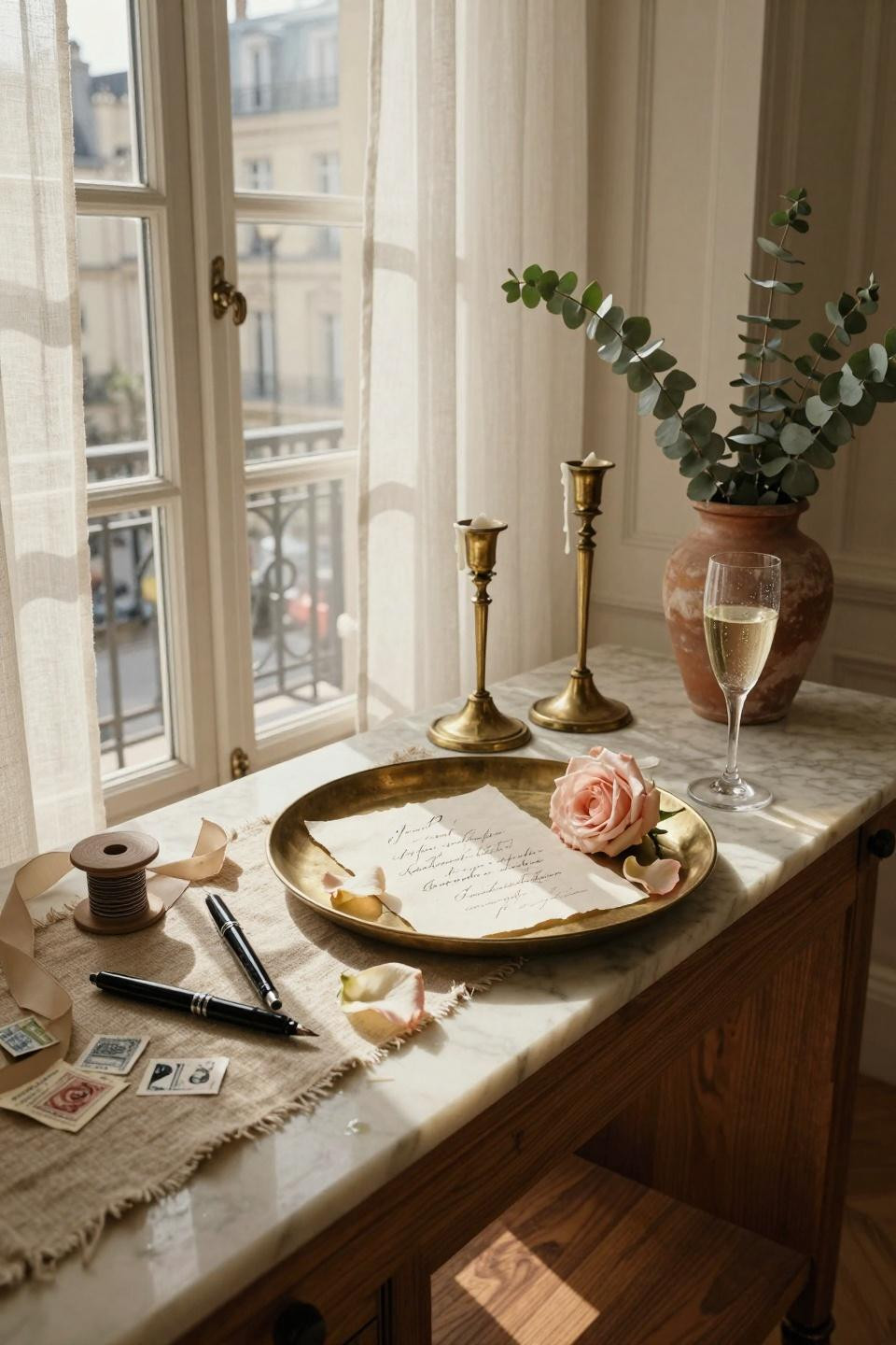 couples shower ideas - European-inspired invitation display with roses