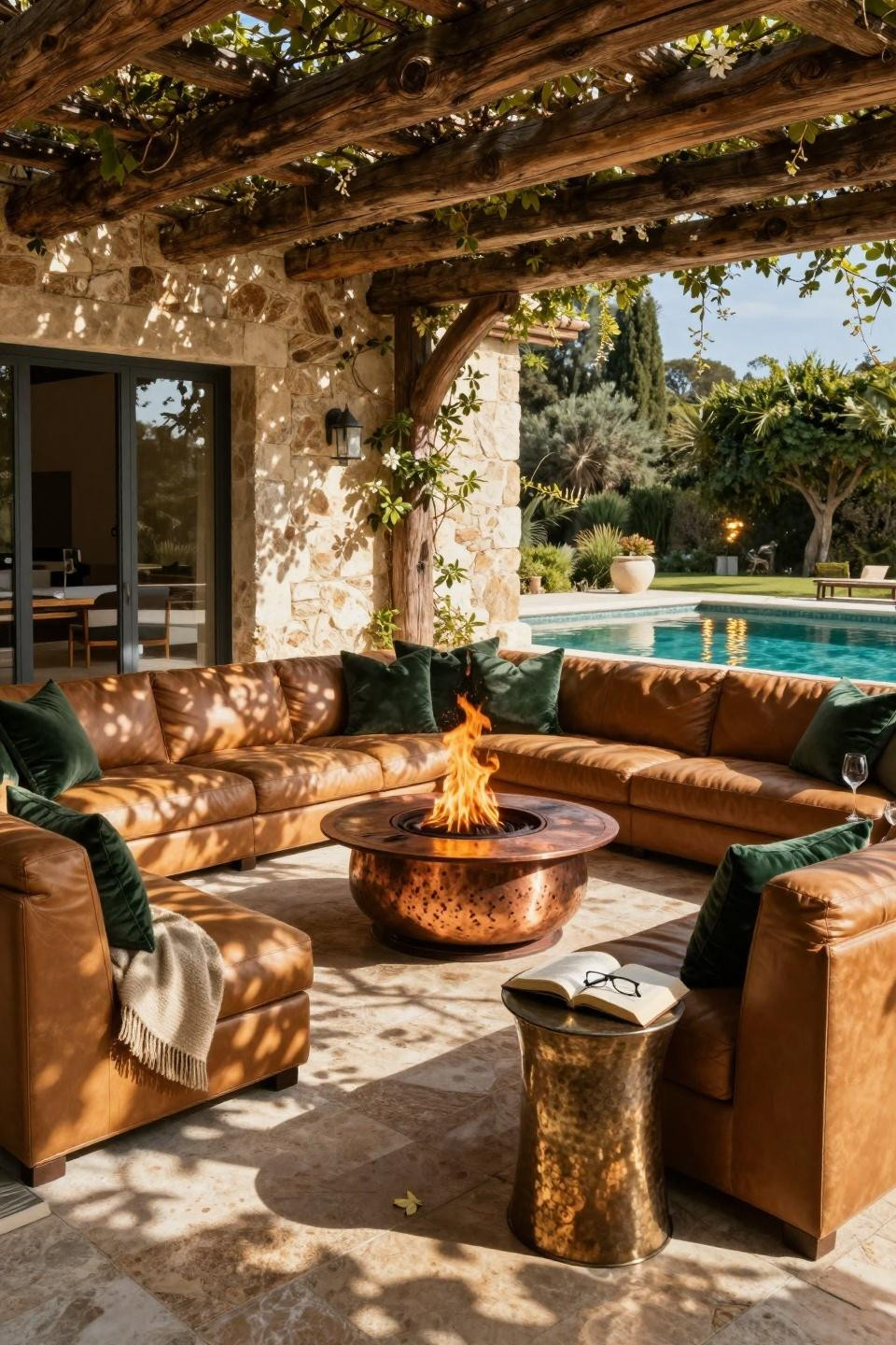 Backyard Fire Pit Ideas Lounge Areas - stone villa with retractable glass walls