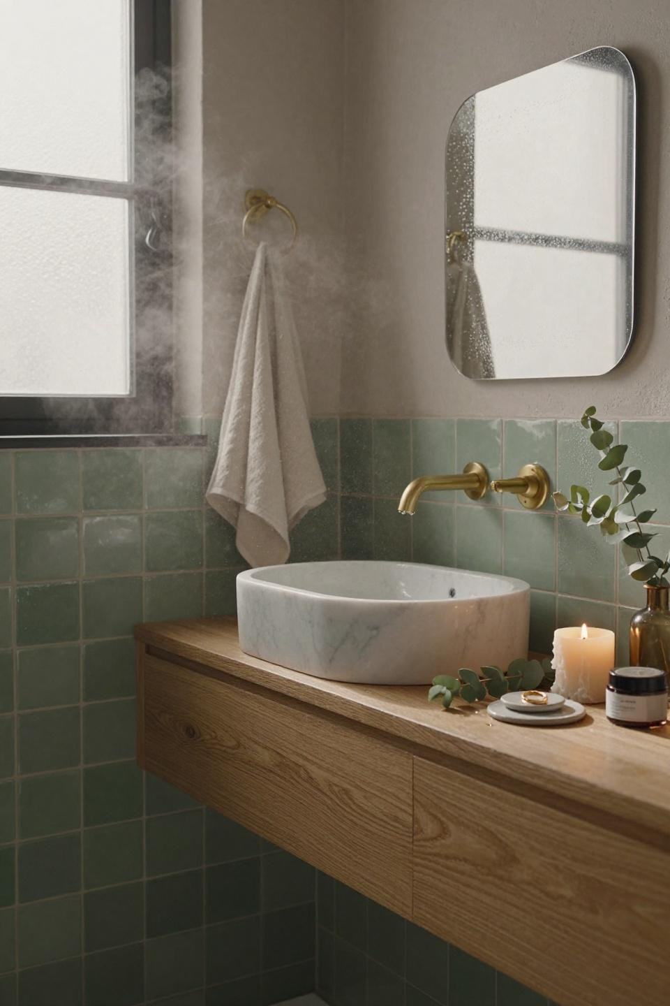 Bathroom ideas with sage green zellige and brass fixtures