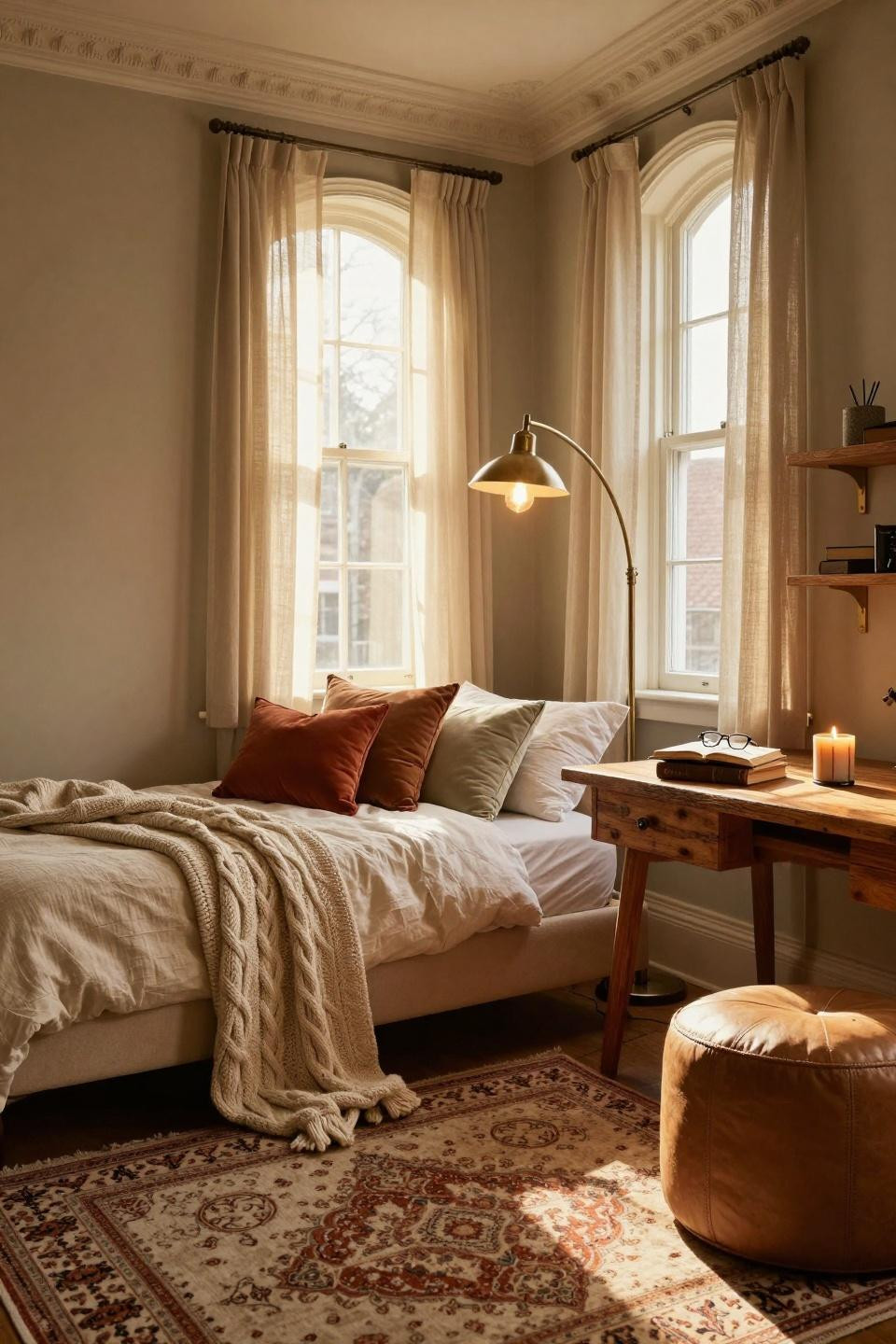 Dorm Room Ideas - bouclé daybed with brass arc floor lamp