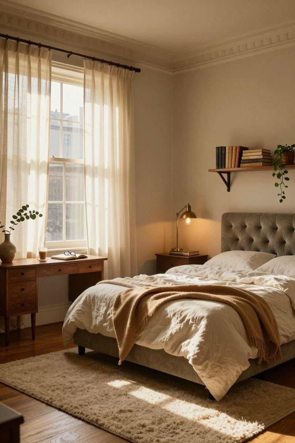 Dorm Room Ideas - sage velvet headboard with linen duvet