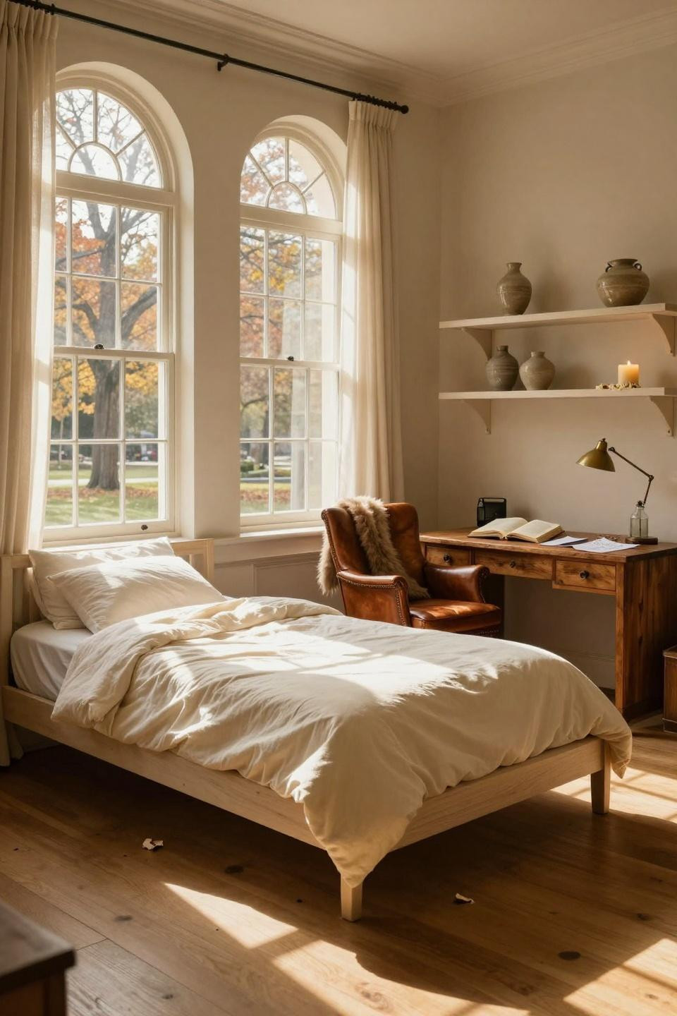 Dorm Room Ideas - white oak platform bed with vintage leather chair