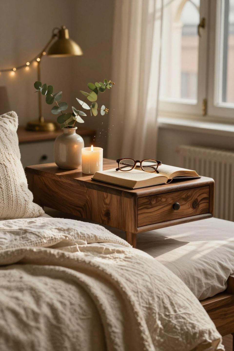 Dorm Room Ideas - walnut floating nightstand with eucalyptus stems