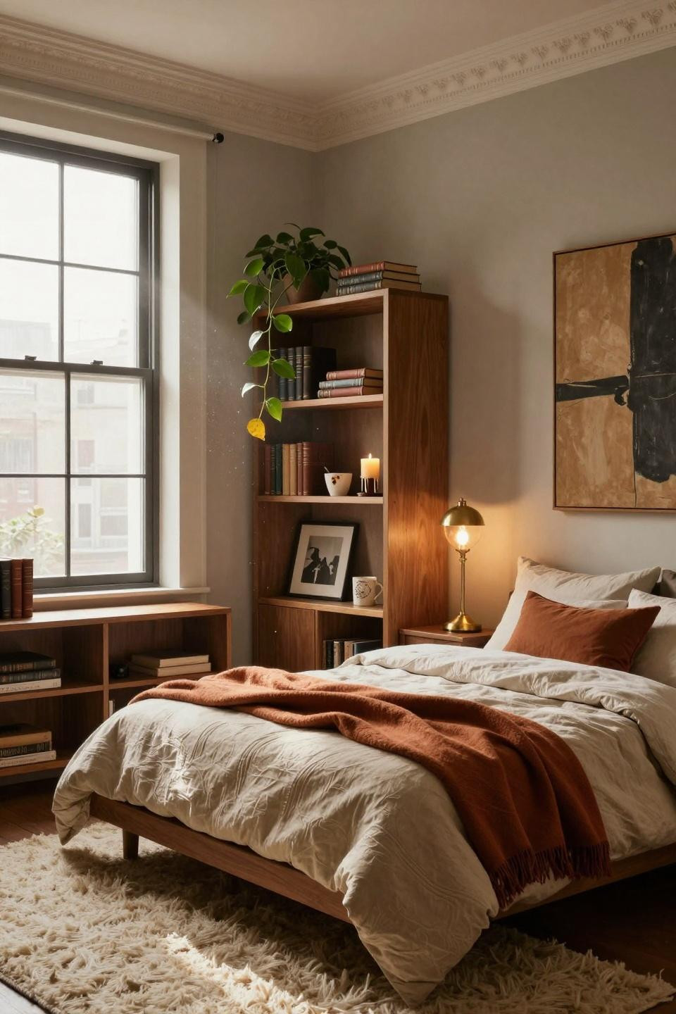 Dorm Room Ideas - honey oak shelving with curated styling