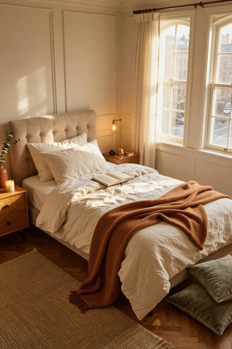 Dorm Room Ideas - overhead view with chunky knit throw