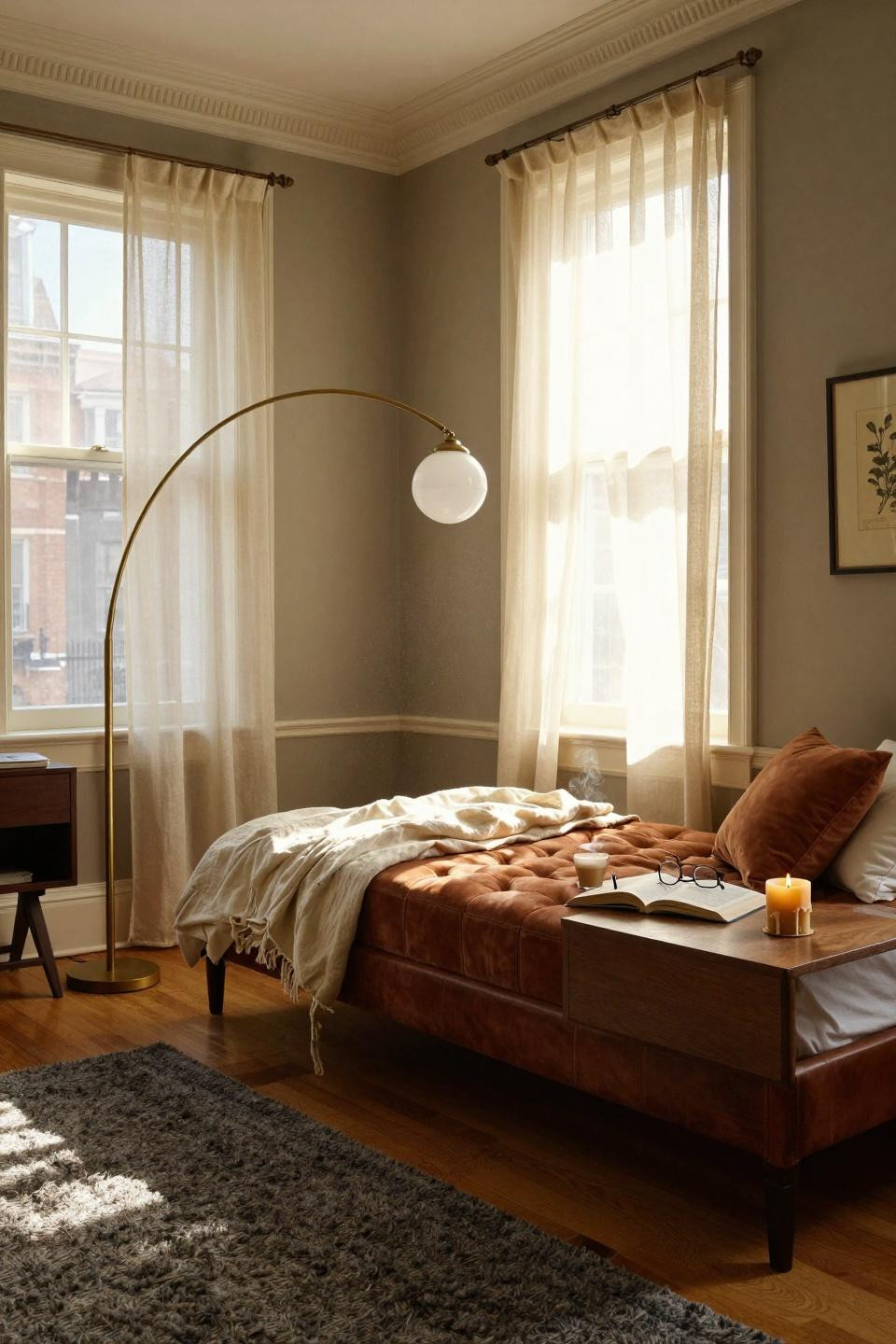 Dorm Room Ideas - tufted cognac daybed with brass arc lighting