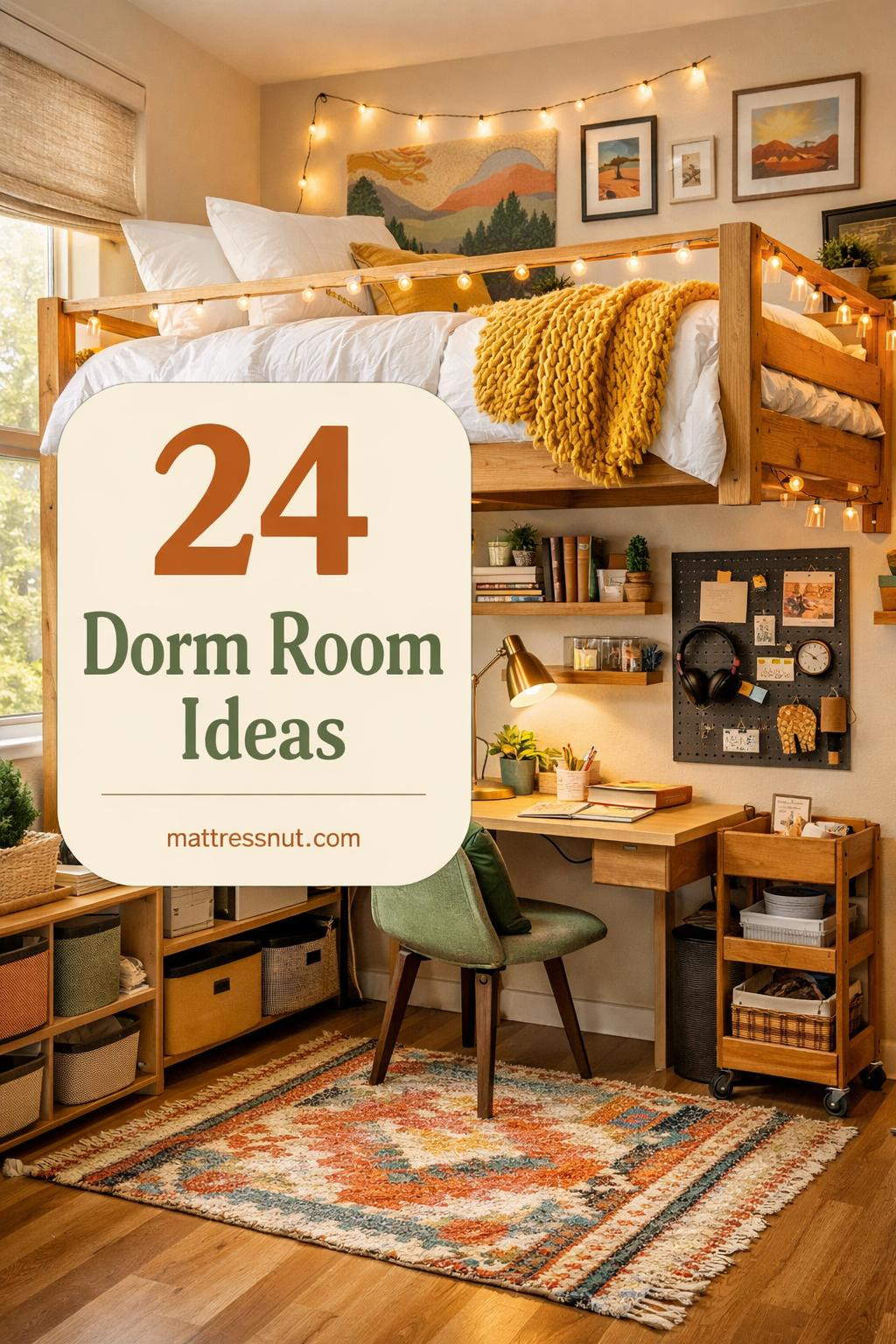 Compact college dorm featuring organized desk area, string lights, colorful bedding, wall storage, and personal decor