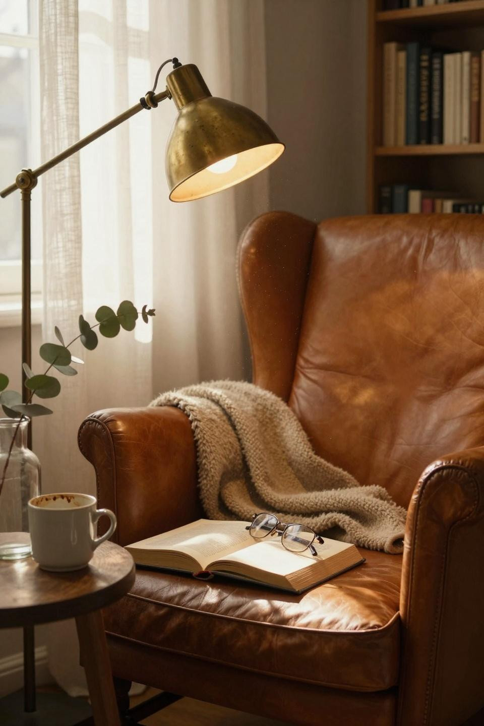 rest corner ideas - leather wingback reading nook