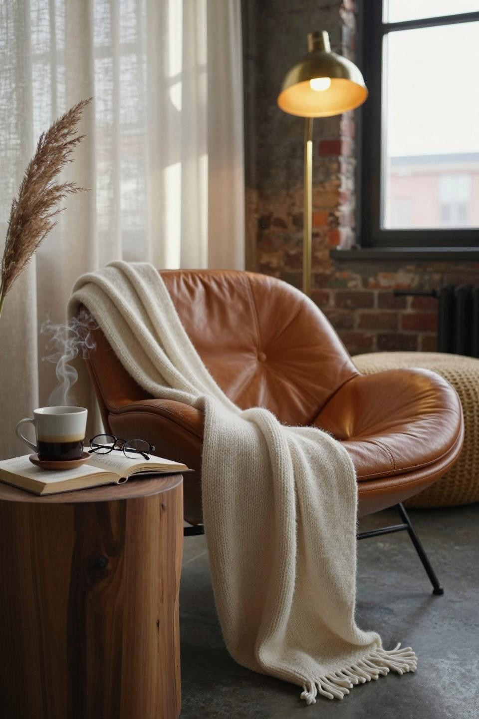 rest corner ideas - caramel womb chair concrete corner