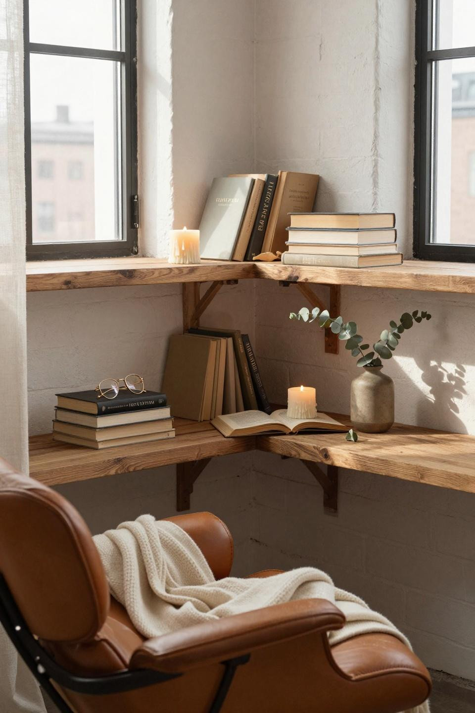 rest corner ideas - floating shelves reading corner