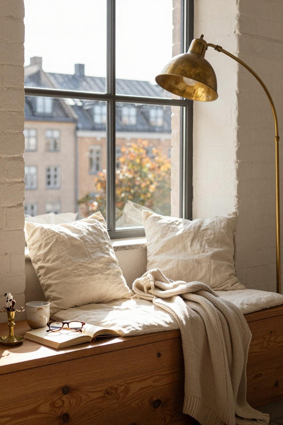 Window Sitting Ideas - small window seat with brass lamp