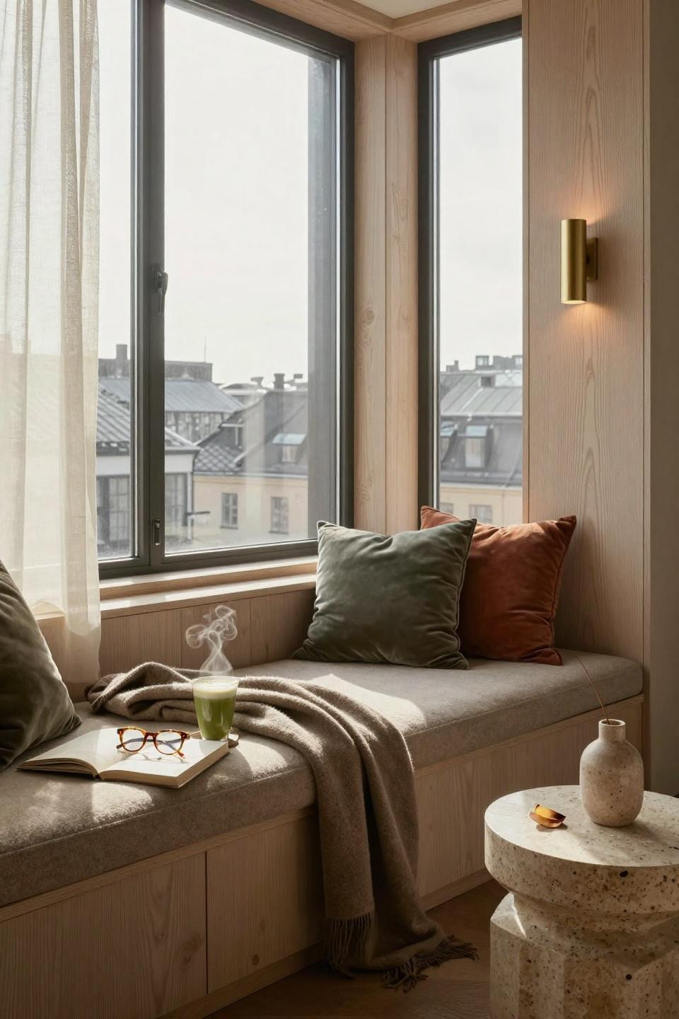 Window Sitting Ideas - penthouse window seat with tufted cushions