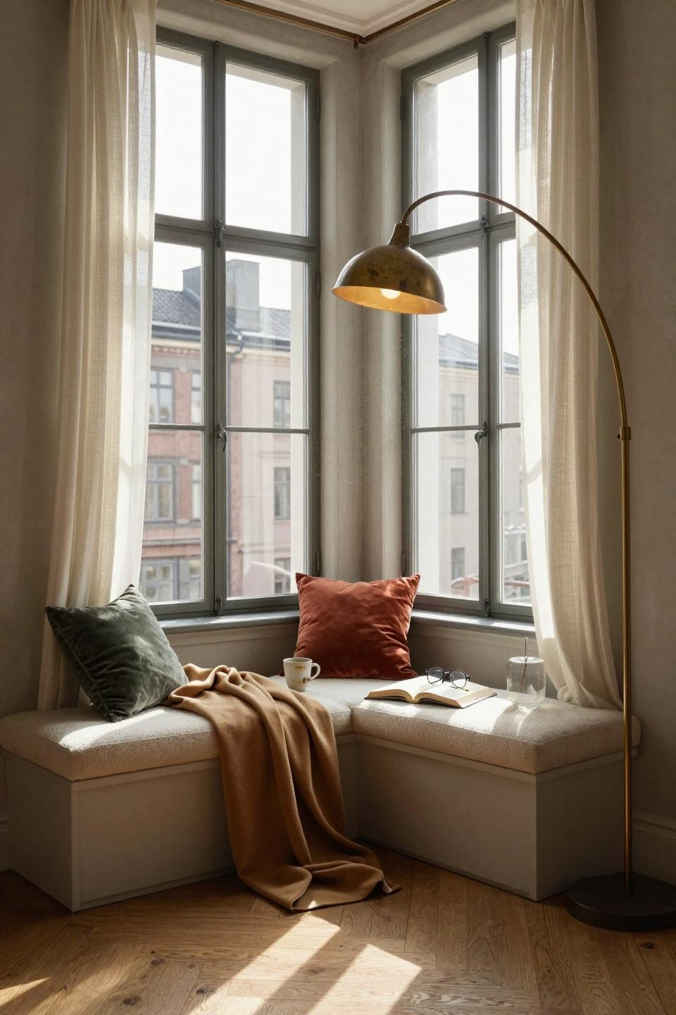Window Sitting Ideas - cozy window alcove with brass lighting