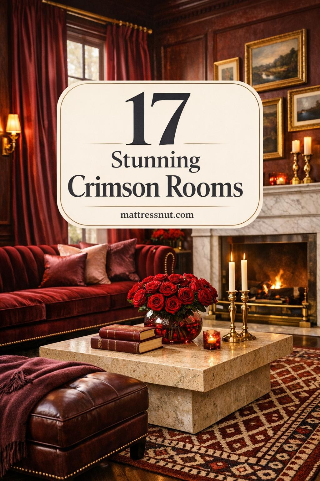 Luxurious living room with deep crimson velvet sofa, burgundy leather ottoman, ruby silk drapes, brass accents, marble fireplace, and Persian rug