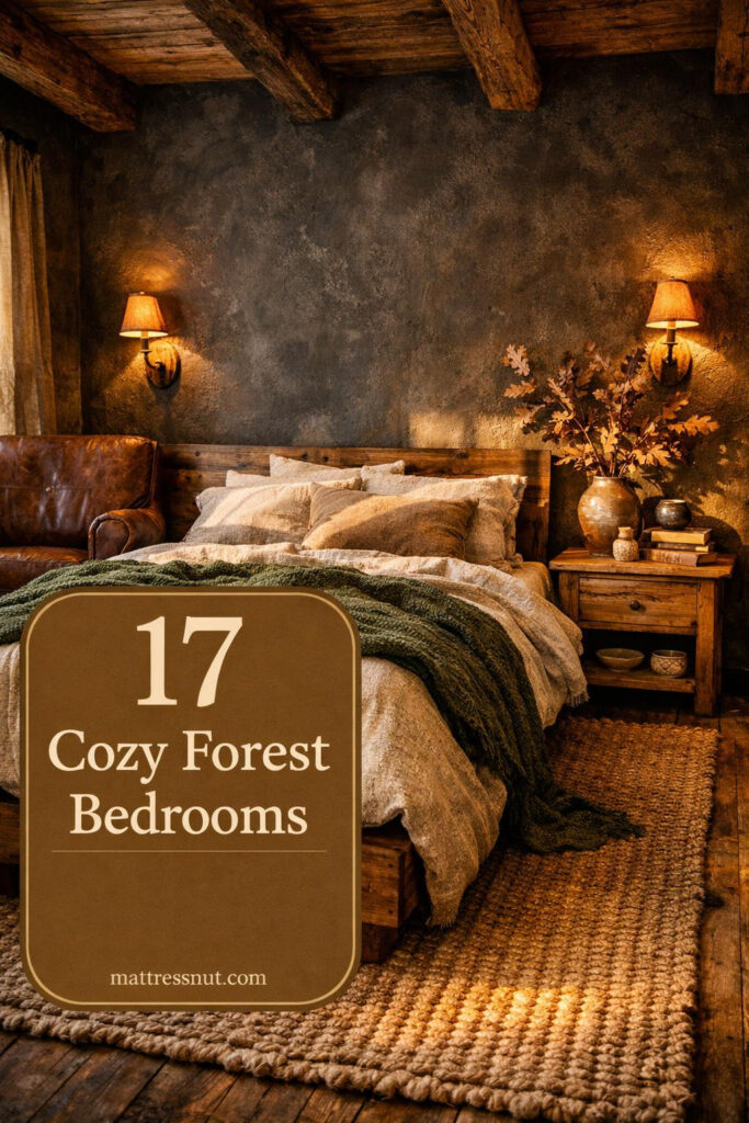 Bedroom featuring deep brown walls, organic wood furniture, sage green bedding, and natural textures creating cozy forest atmosphere