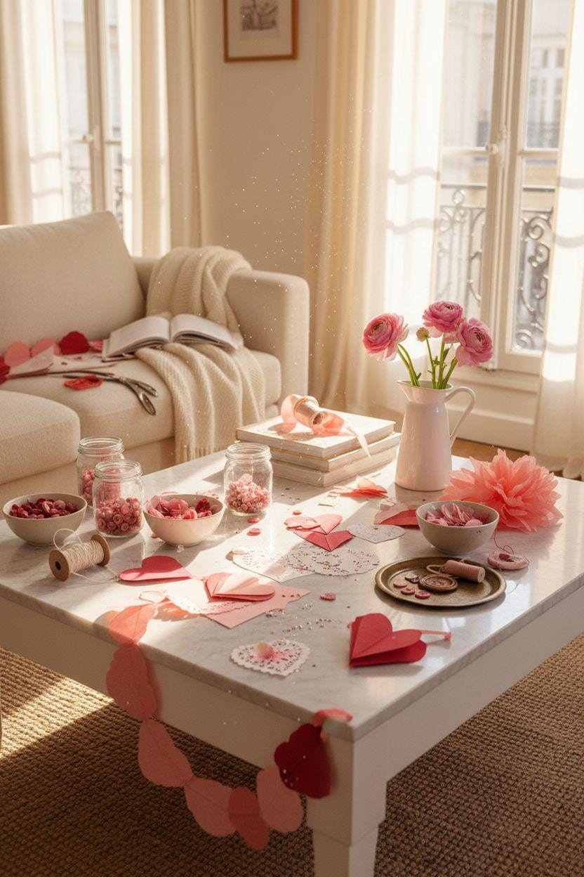 DIY Valentine's decorations - kid-friendly craft station with tissue paper flowers