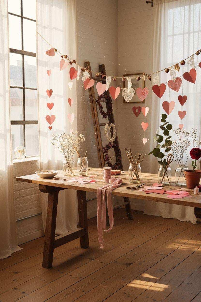 DIY Valentine's decorations - simple DIY setup with paper and dried florals
