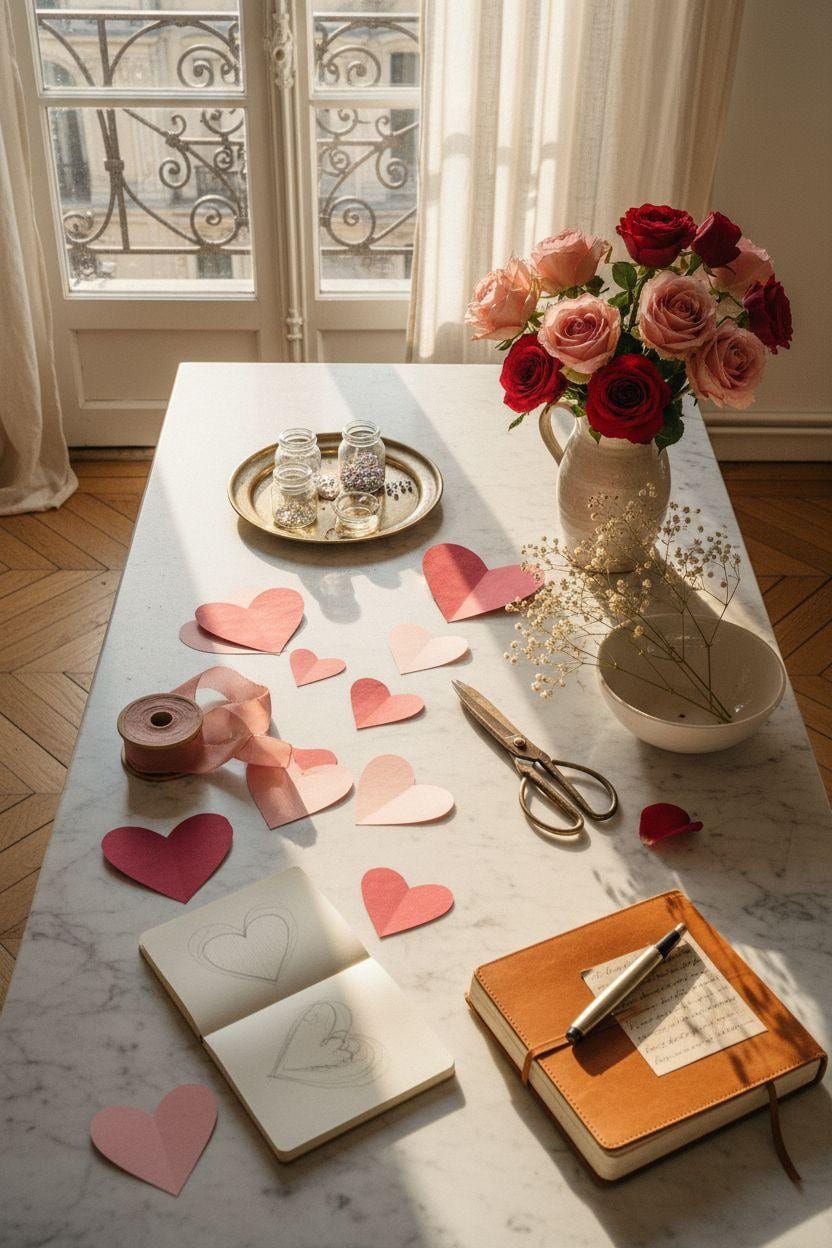 DIY Valentine's decorations - Valentine's crafts on marble surface with brass accents