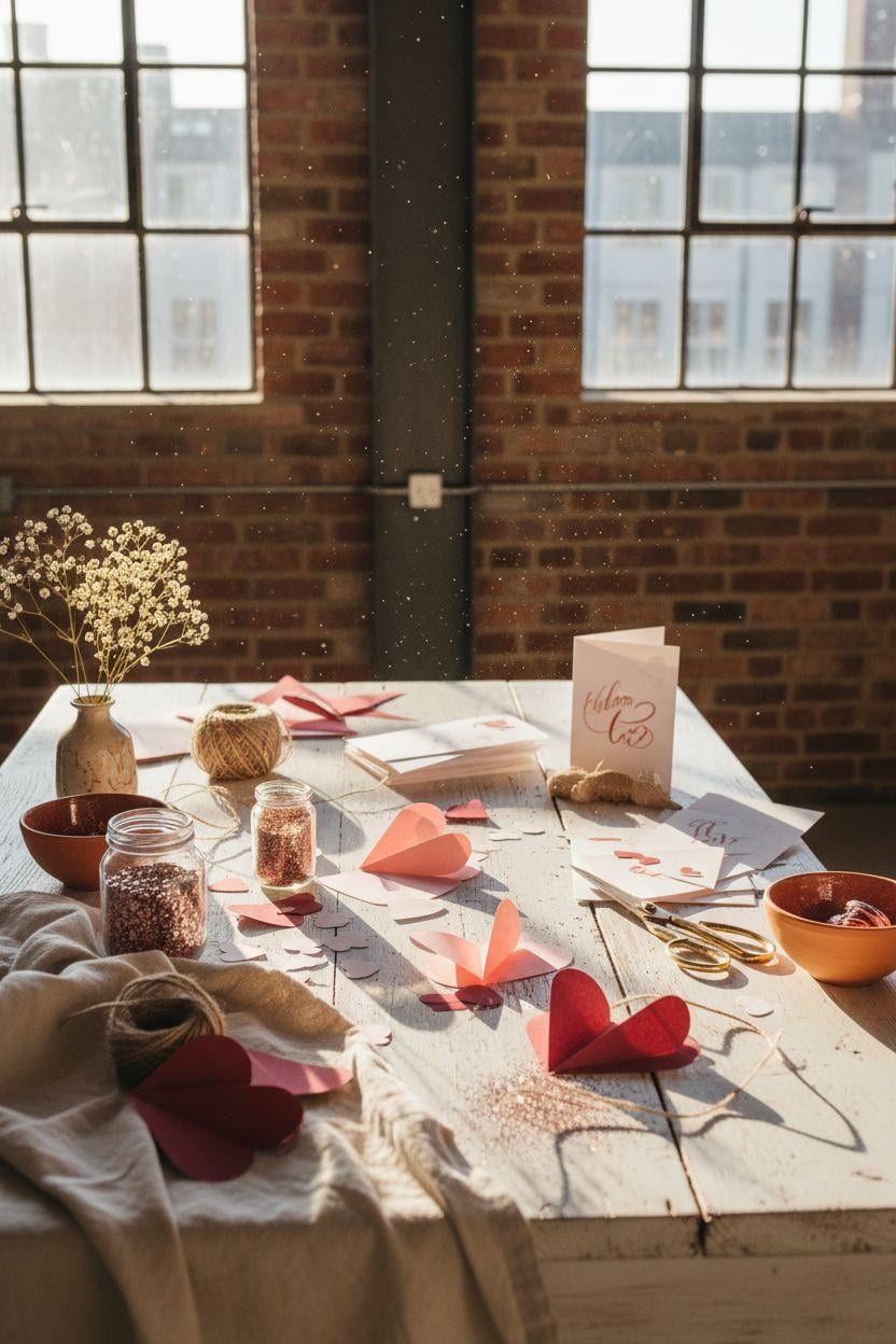 DIY Valentine's decorations - hand-cut paper hearts with crafting supplies