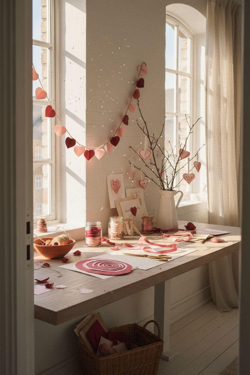 DIY Valentine's decorations - paper craft garland with origami hearts