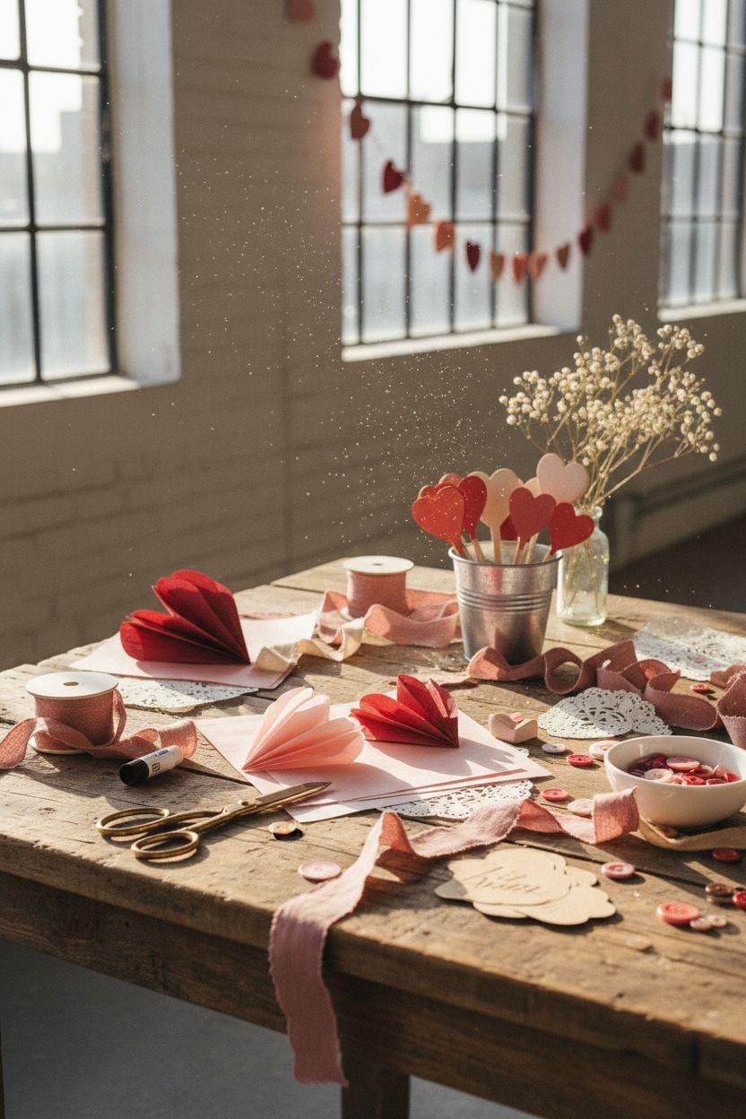 DIY Valentine's decorations - handmade hearts and vintage scissors on weathered wood