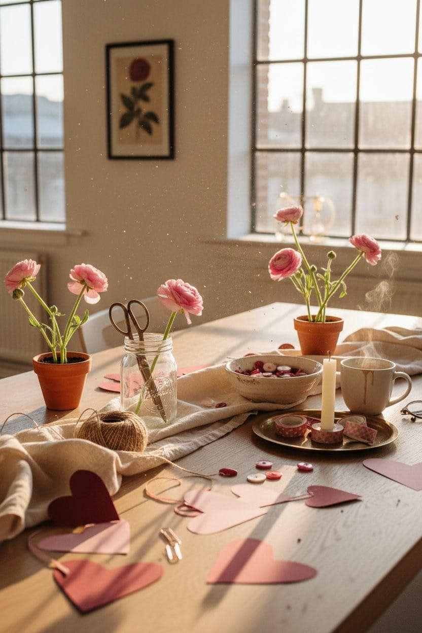 DIY Valentine's decorations - crafting vignette with mason jars and paper hearts