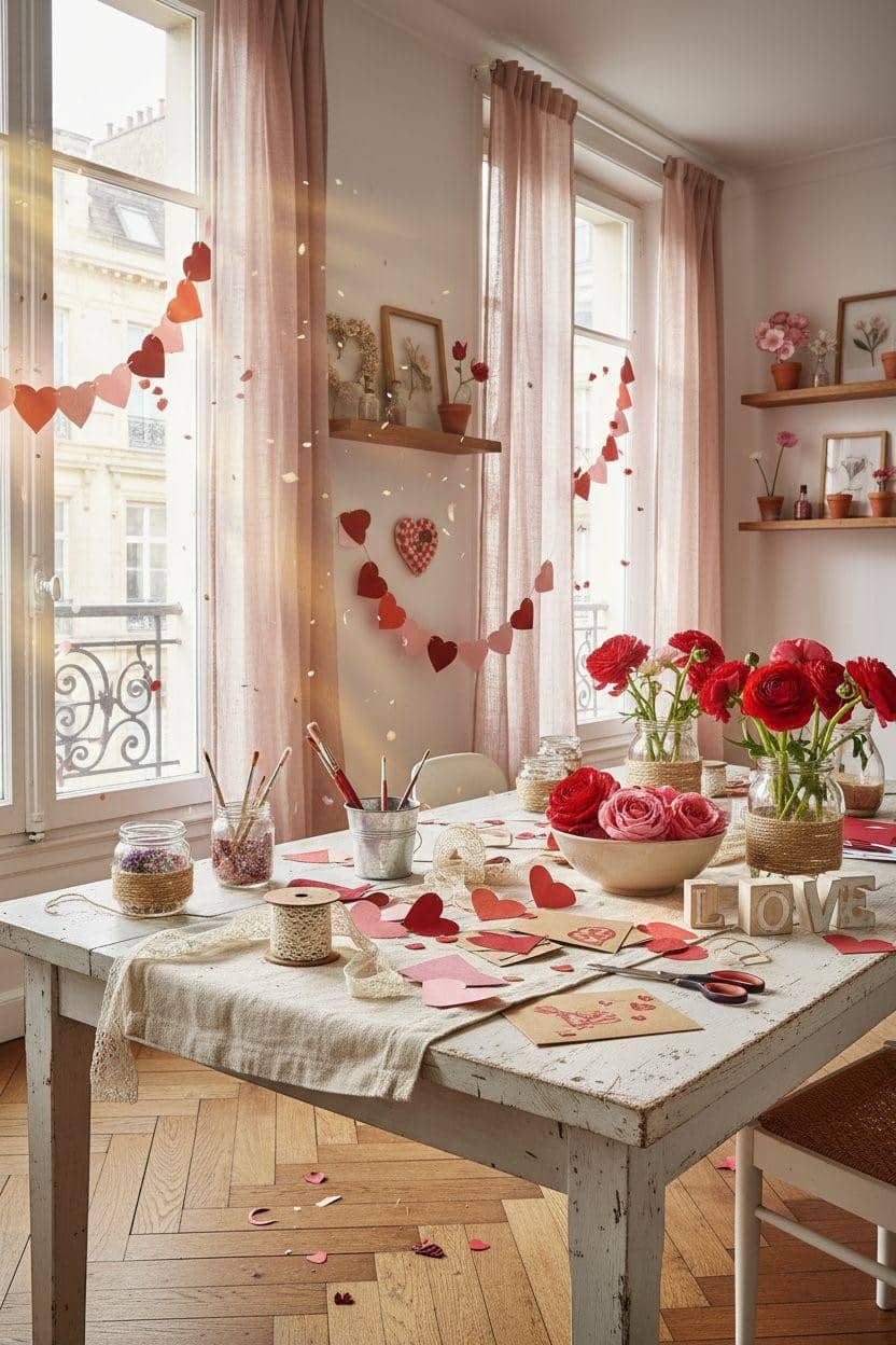 DIY Valentine's decorations - paper heart garland in blush and crimson tones