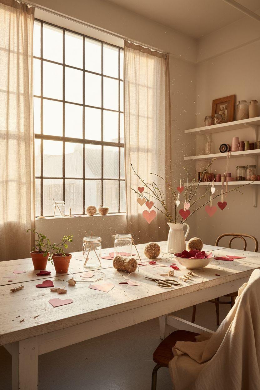 DIY Valentine's decorations - simple crafts on rustic pine table
