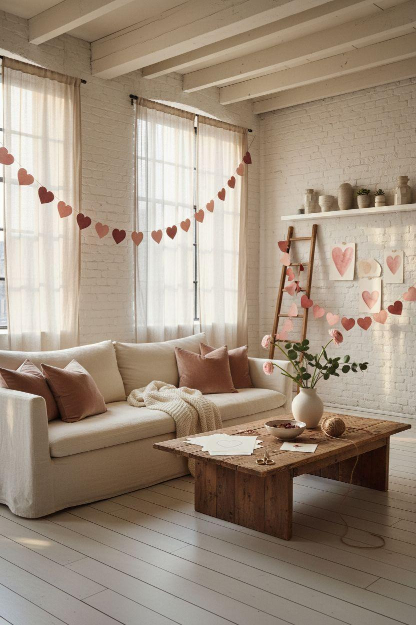 DIY Valentine's decorations - budget decor with brick wall and handmade garland