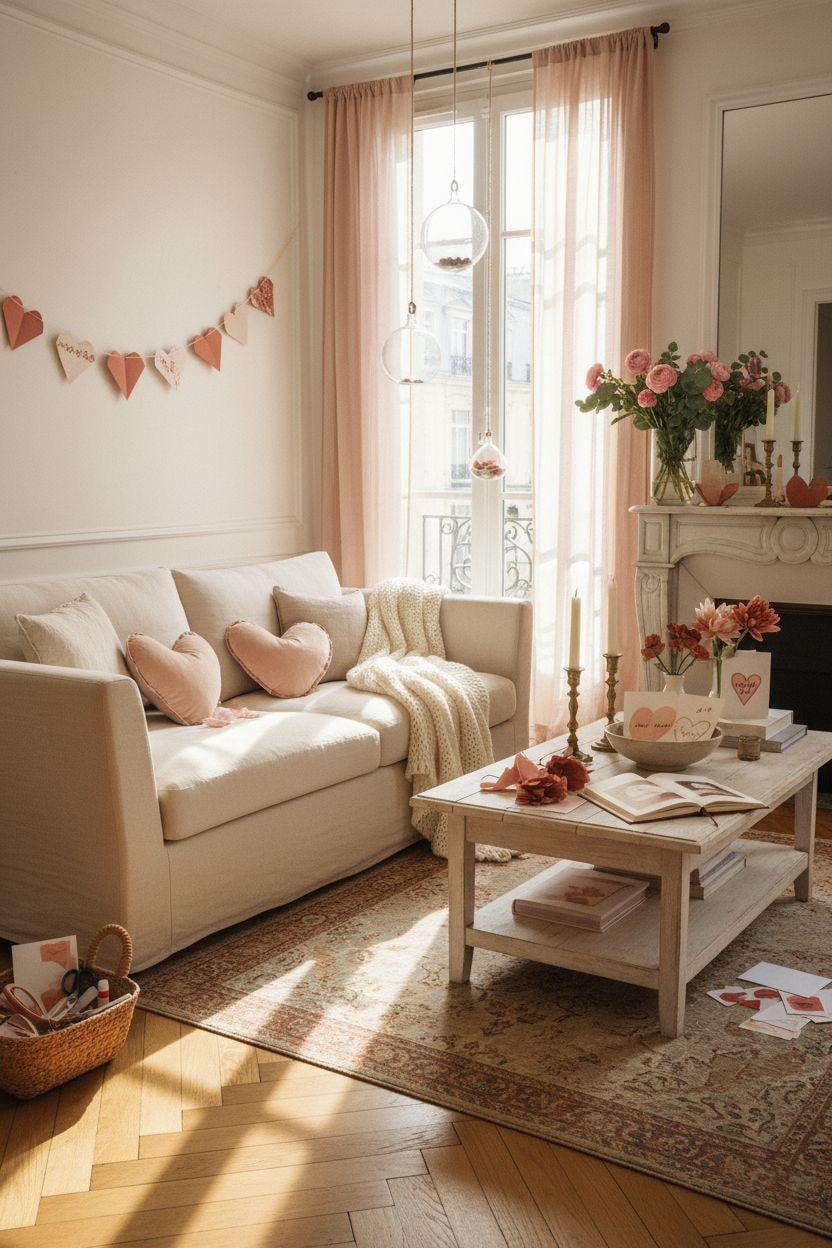 DIY Valentine's decorations - homemade decor in bright living room