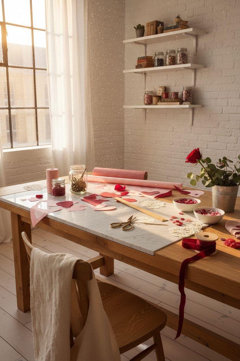 DIY Valentine's decorations - handmade crafts arranged on marble console