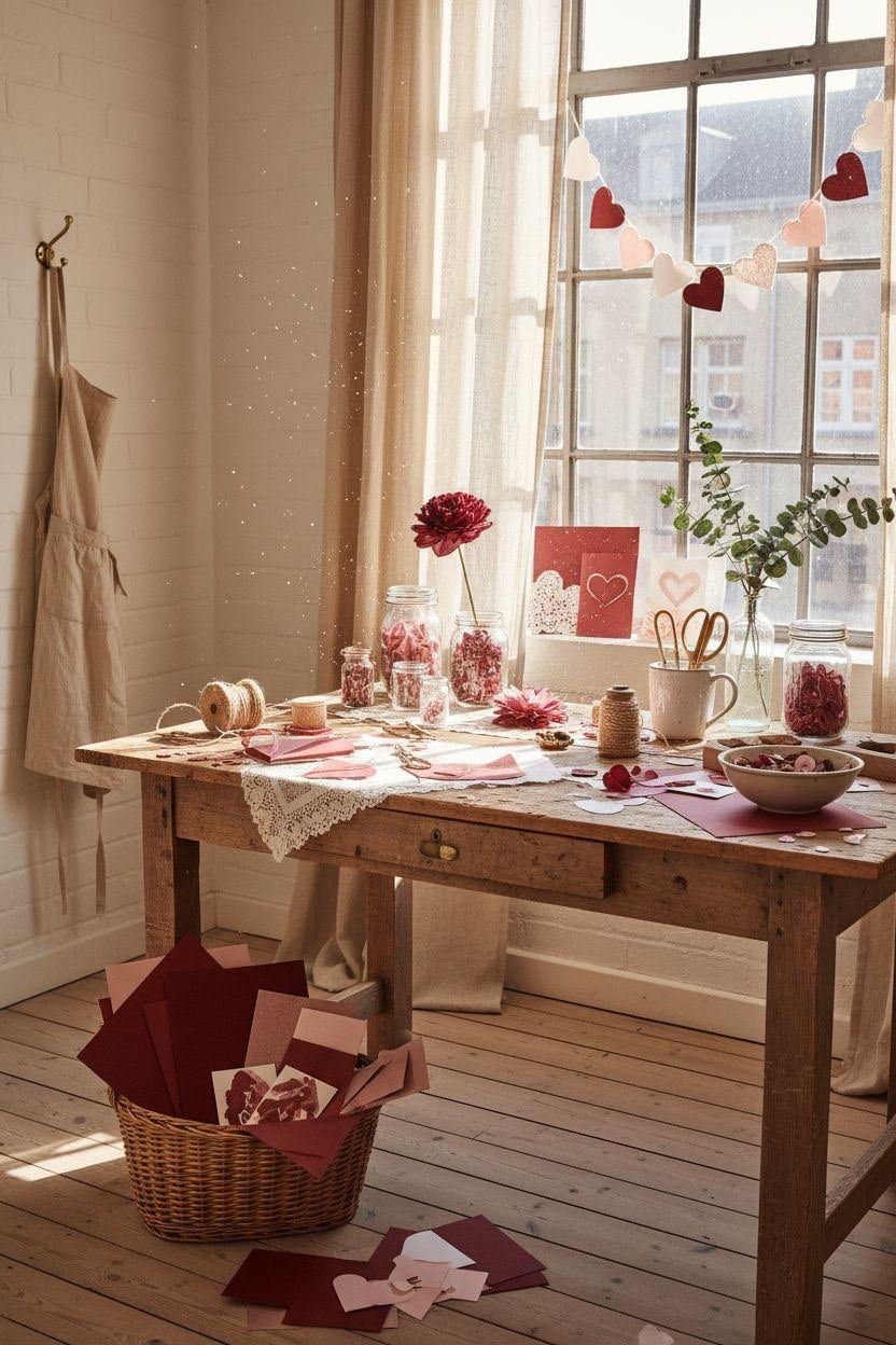 DIY Valentine's decorations - tutorial setup with vintage scissors and paper