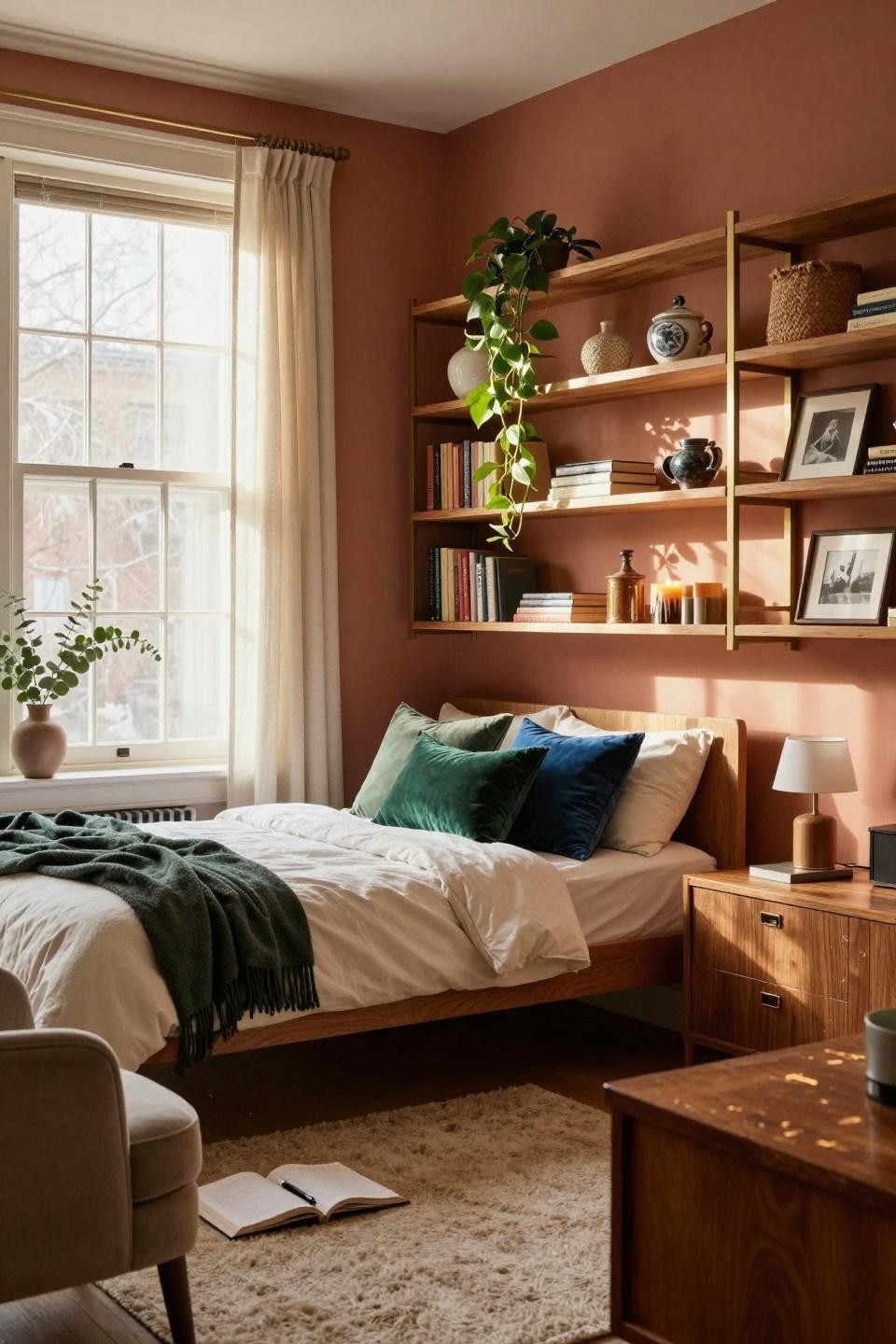Dorm Room Ideas - floor-to-ceiling shelving with curated styling