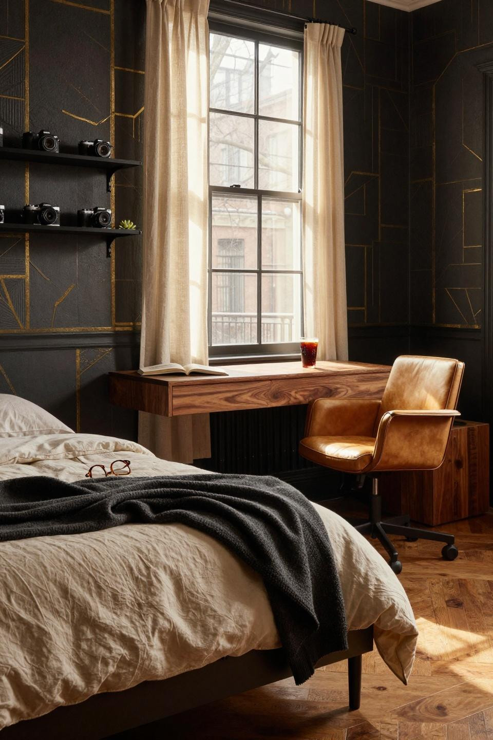 Dorm Room Ideas For Guys - charcoal geometric wallpaper with brass accents
