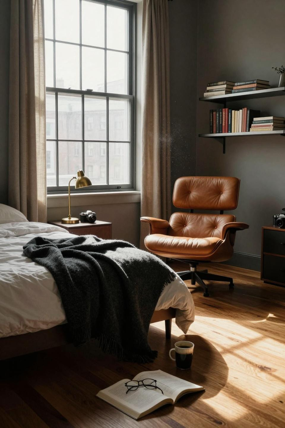 Dorm Room Ideas For Guys - corner reading setup with leather Eames chair and steel shelving