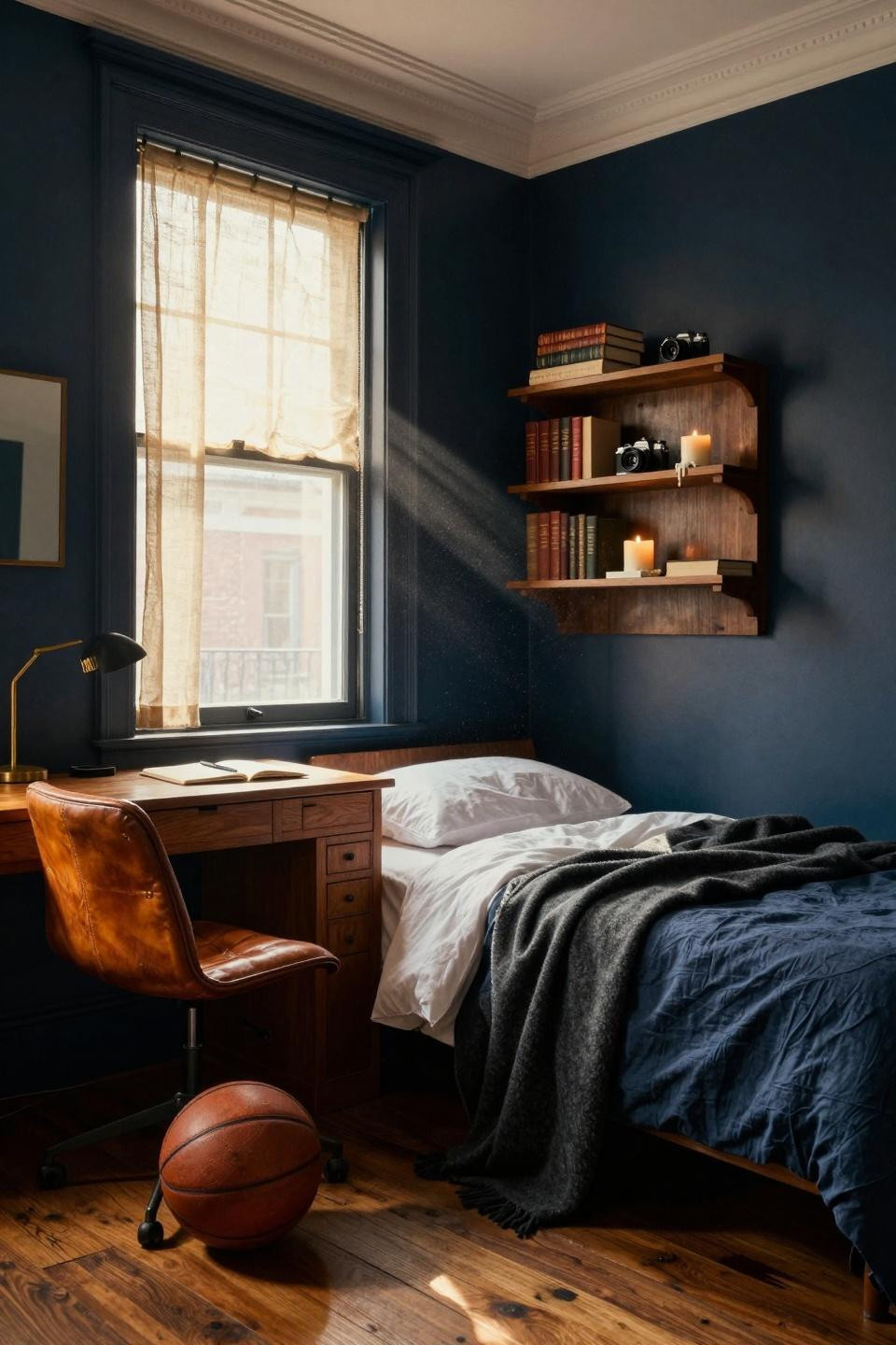 Dorm Room Ideas For Guys - charcoal blue walls with honey oak built-in desk