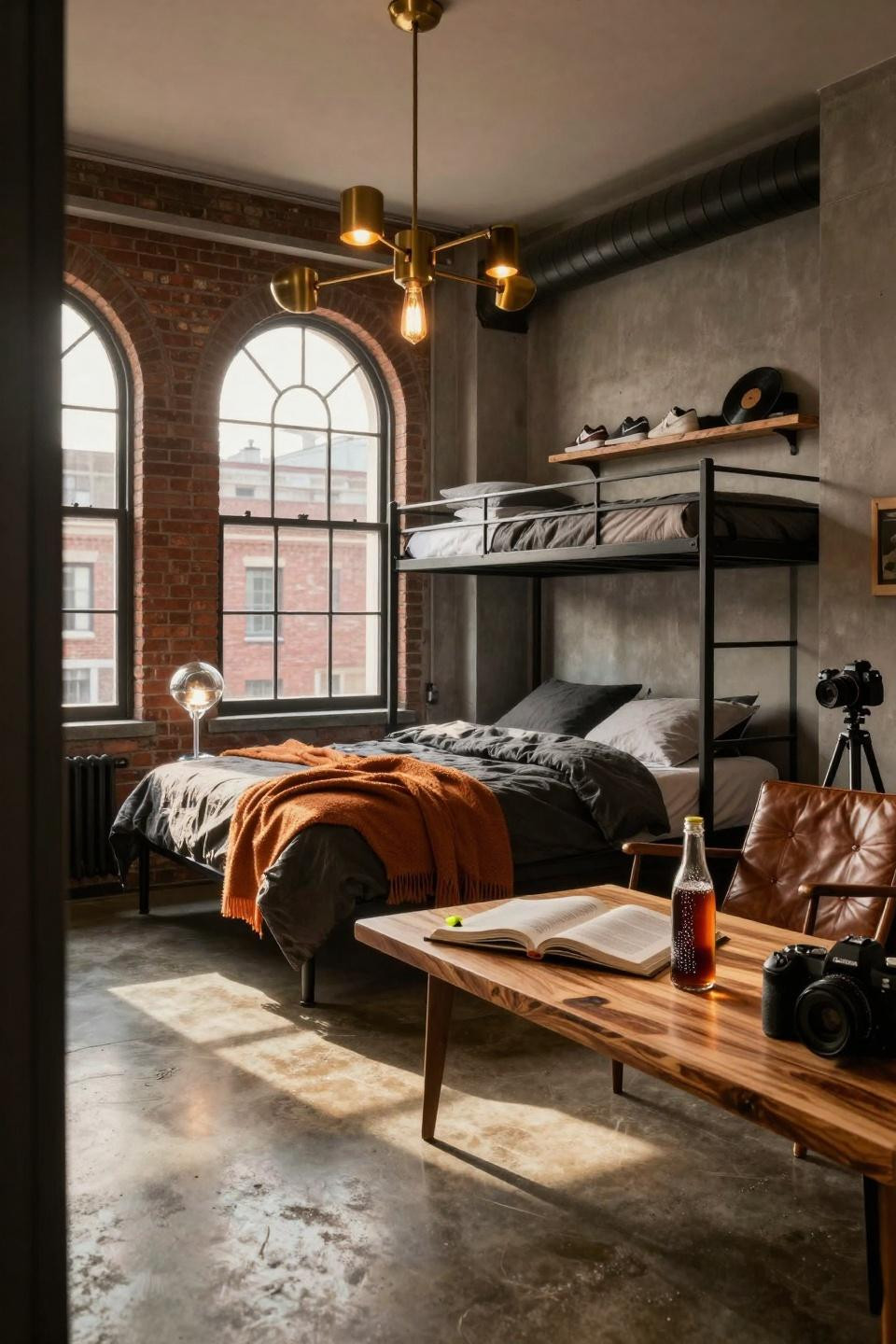 Dorm Room Ideas For Guys - concrete floors with brass Sputnik chandelier and loft bed
