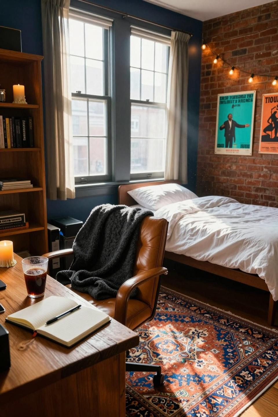 Dorm Room Ideas For Guys - deep navy walls with vintage rug and Edison bulb string lights