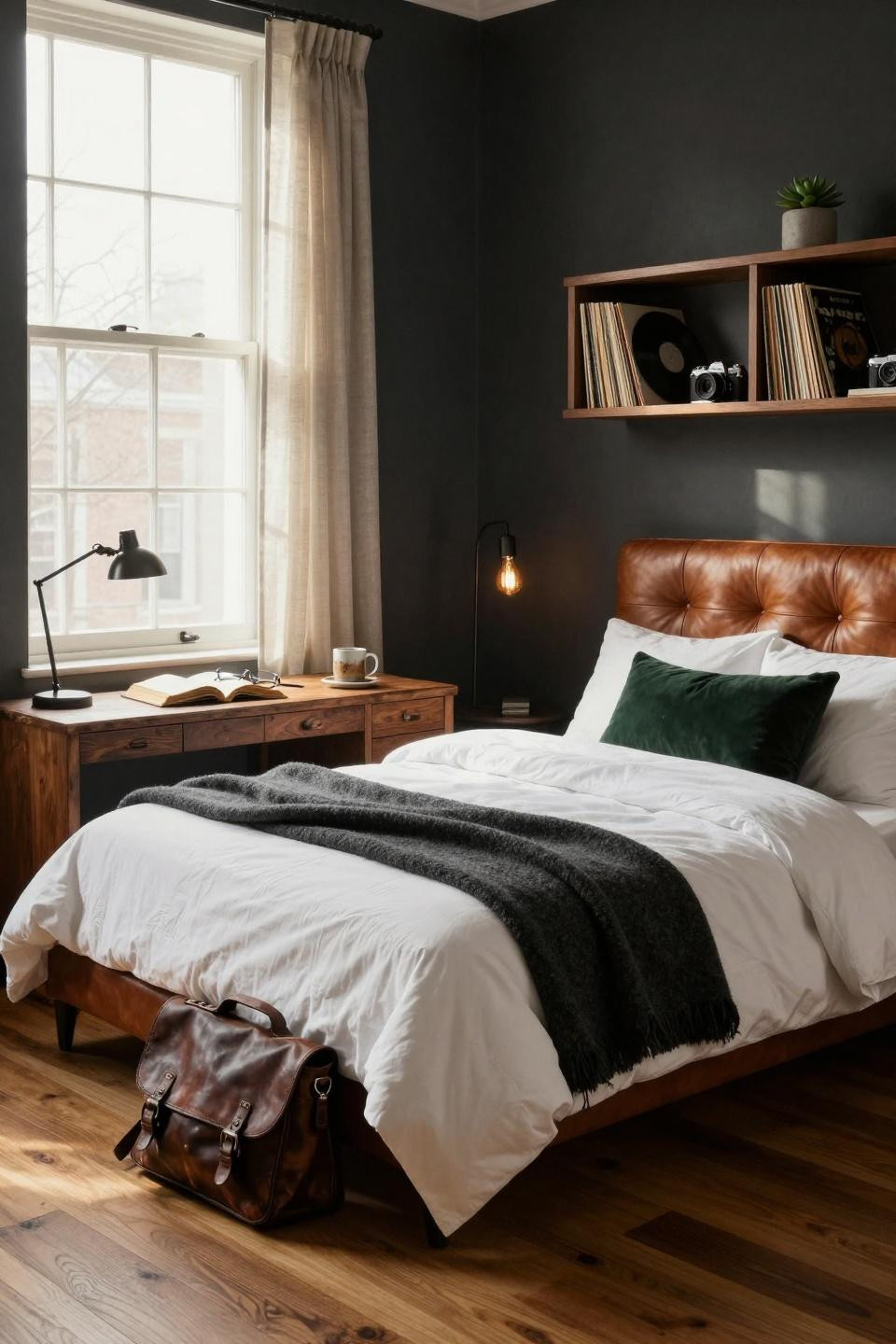 Dorm Room Ideas For Guys - floor-to-ceiling walnut shelving with vinyl records and plants