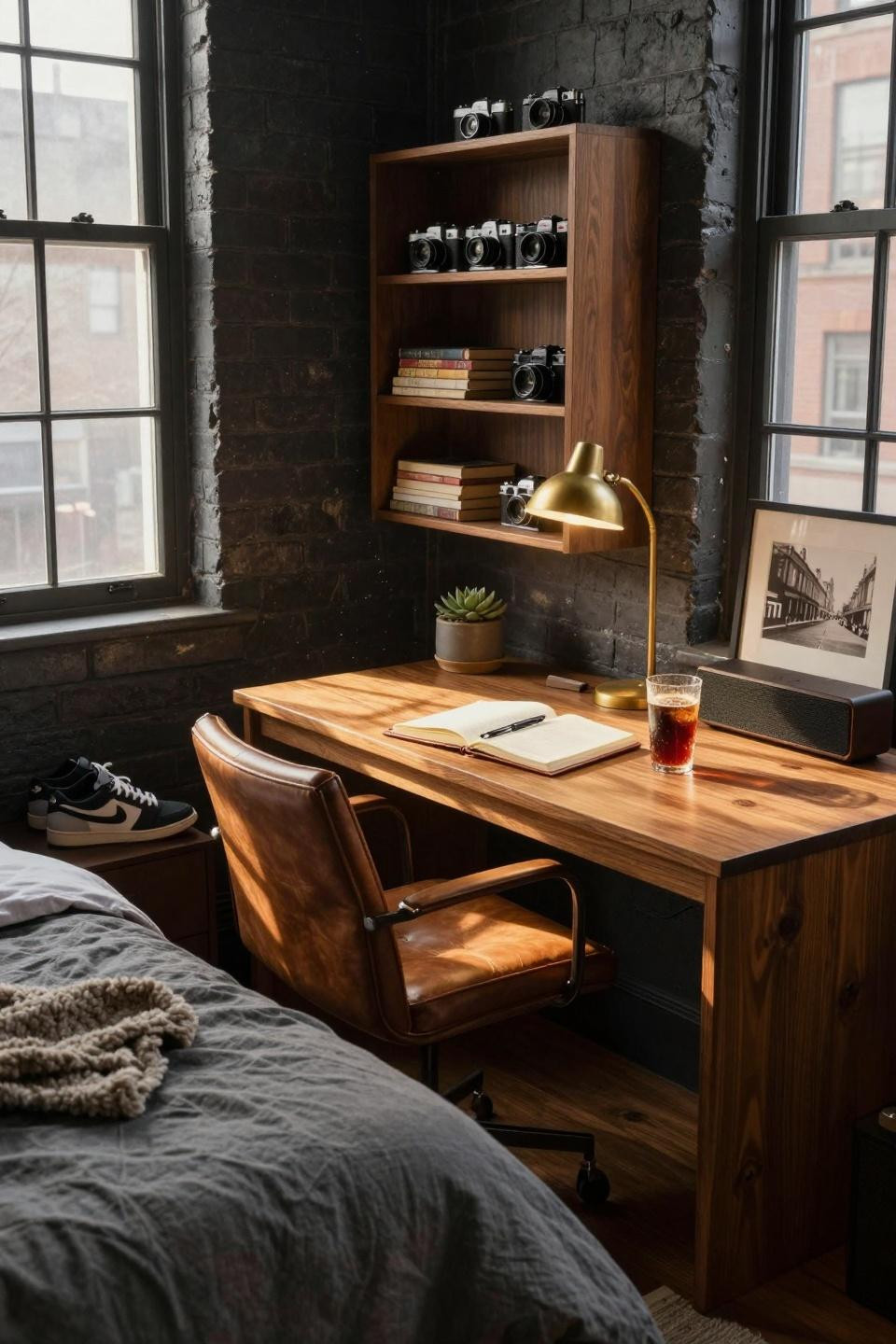 Dorm Room Ideas For Guys - exposed brick accent wall with walnut shelves and brass brackets