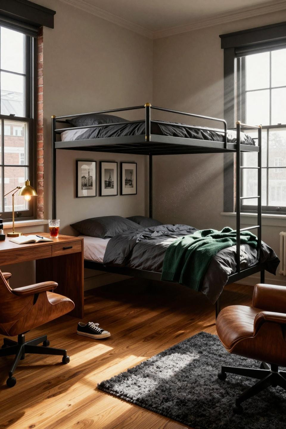 Dorm Room Ideas For Guys - loft bed with walnut desk below and brass ladder
